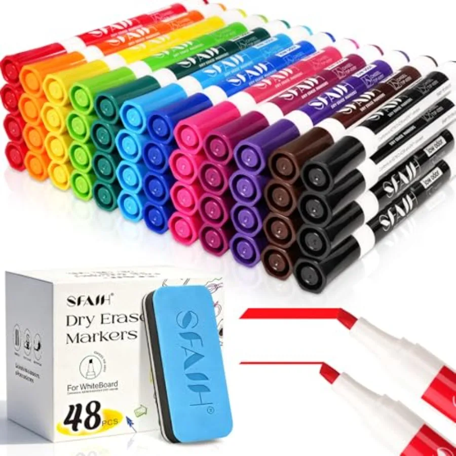 Dry Erase Markers Chisel Tip with Magnetic Whiteboard Eraser, 48 Bulk White Board Markers for School Office, Versatile Lines, 1
Dry Erase Markers Chisel Tip with Magnetic Whiteboard Eraser, 48 Bulk White Board Markers for School Office, Versatile Lines, 1
