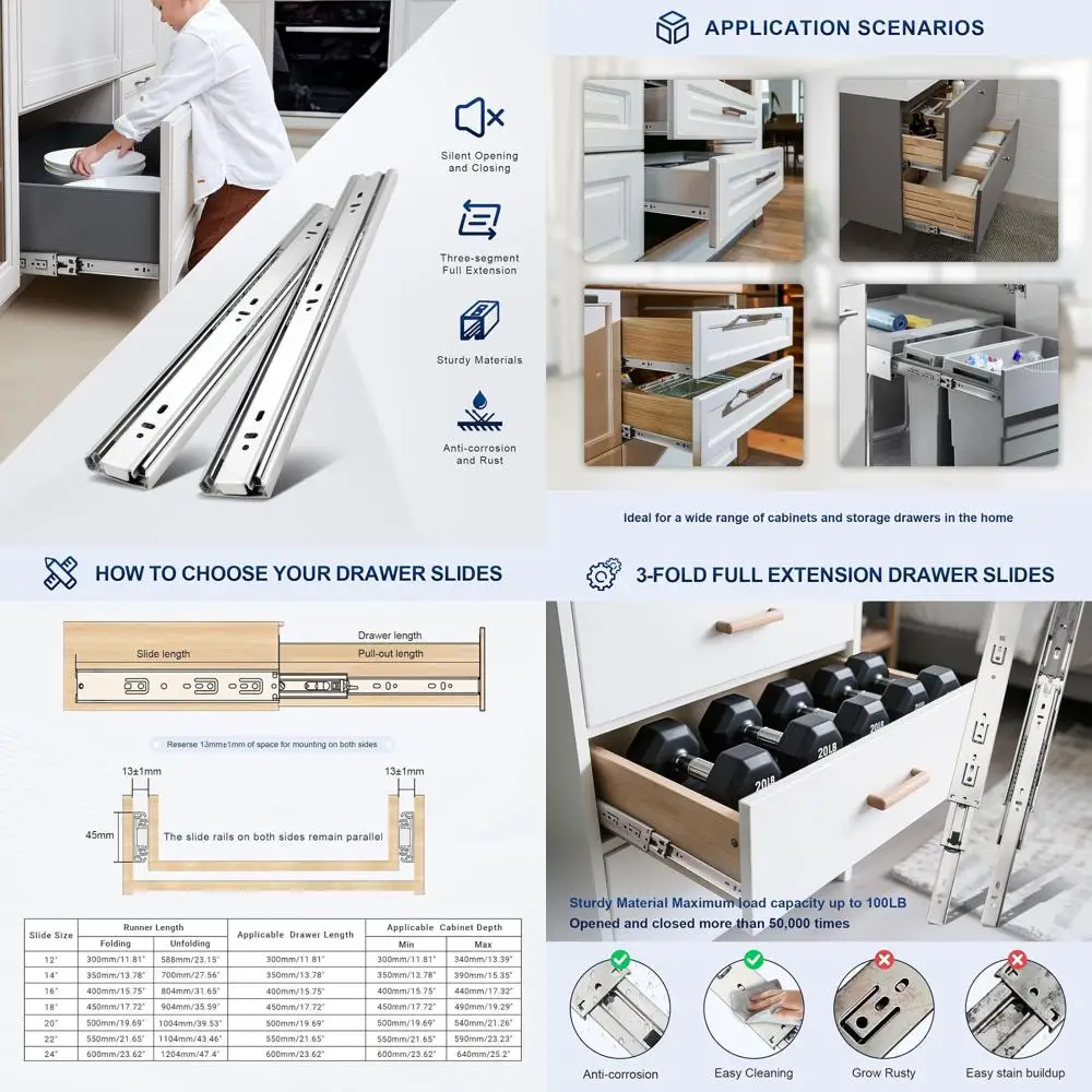 12-дюймовые направляющие для выдвижных ящиков с плавным закрыванием, полноприводные шариковые направляющие, боковые направляющие для выдвижных ящиков повышенной прочности
12-дюймовые направляющие для выдвижных ящиков с плавным закрыванием, полноприводные шариковые направляющие, боковые направляющие для выдвижных ящиков повышенной прочности