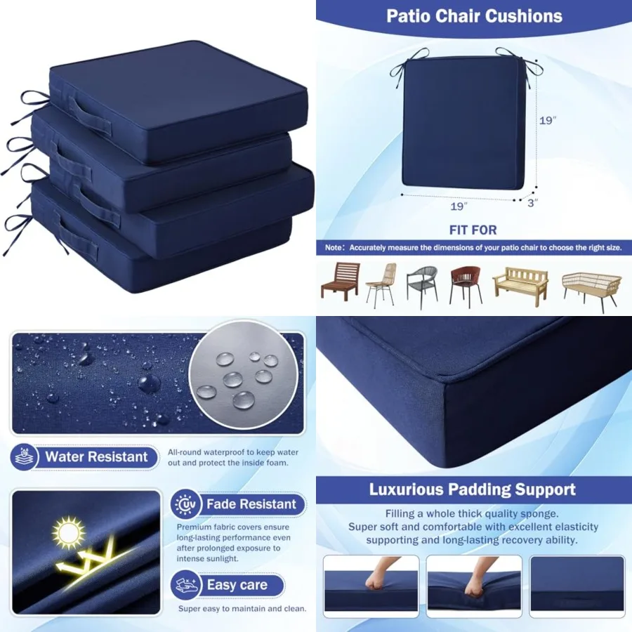 Patio Chair Cushions, 19" x 19" x 3" Outdoor Chair Cushions Set of 4, Waterproof Outdoor Cushions for Patio Furniture, Outdoors Seat Cushions Set of 4 with Handle and Ties, Navy Blue
Patio Chair Cushions, 19" x 19" x 3" Outdoor Chair Cushions Set of 4, Waterproof Outdoor Cushions for Patio Furniture, Outdoors Seat Cushions Set of 4 with Handle and Ties, Navy Blue