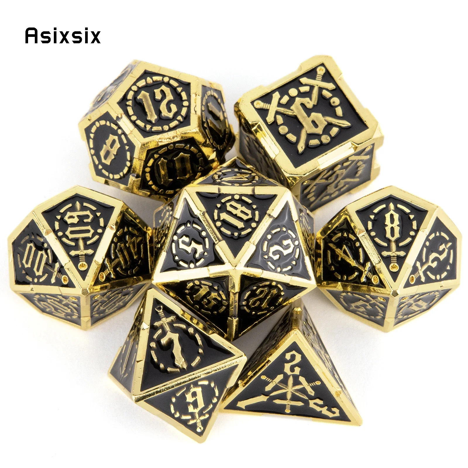 7 Pcs Golden Black Double Swords Metal Dice Solid Polyhedral Dice Set Suitable for Role-Playing RPG Board Game
7 Pcs Golden Black Double Swords Metal Dice Solid Polyhedral Dice Set Suitable for Role-Playing RPG Board Game