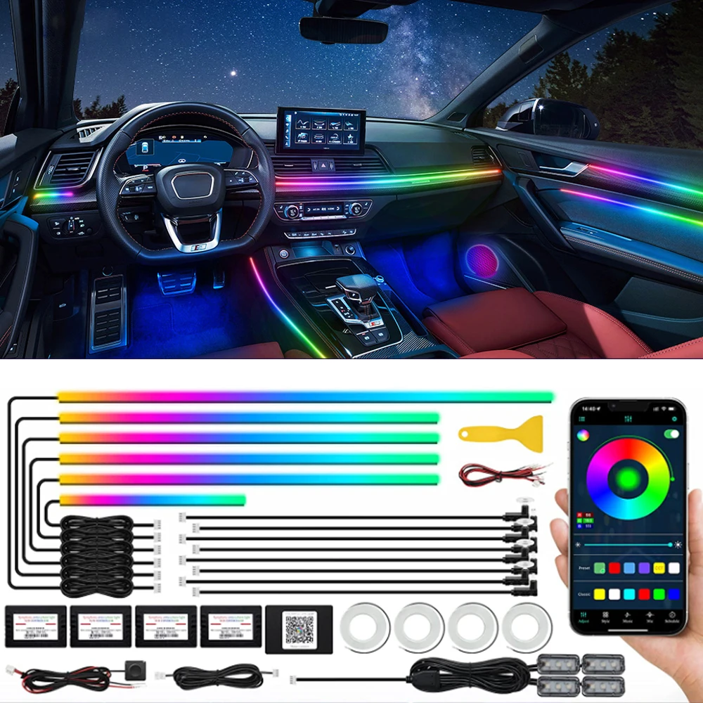 18/22 in 1 RGB Symphony Dreamcolor Acrylic Strips Interior LED Car Ambient Light Wireless APP Control Decoration Atmosphere Lamp
18/22 in 1 RGB Symphony Dreamcolor Acrylic Strips Interior LED Car Ambient Light Wireless APP Control Decoration Atmosphere Lamp