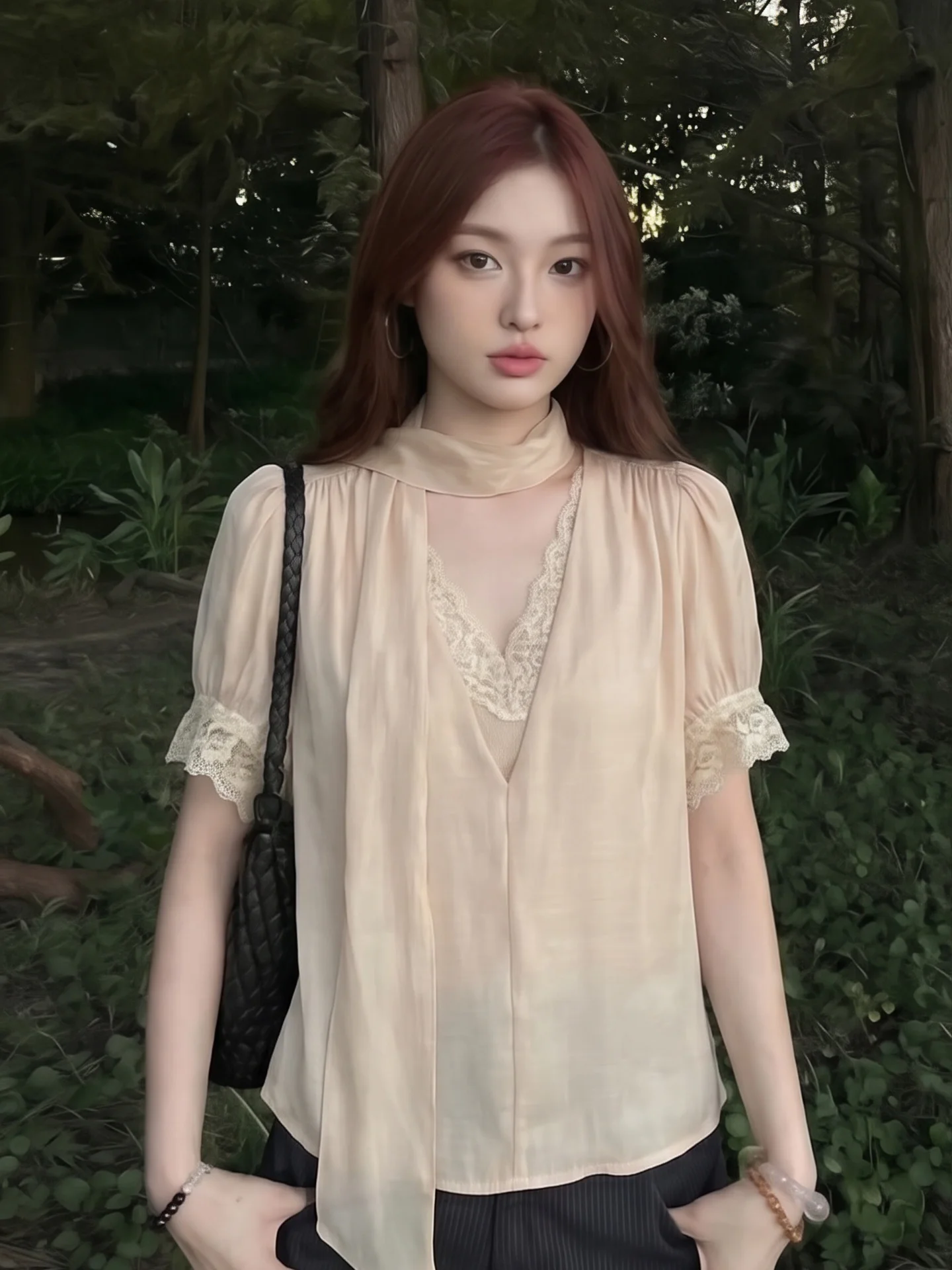 Elegant Lace Splice V-Neck Bubble Sleeve Chiffon Shirt Women Summer High-End Feelings Hanging Neck Sash Short Sleeve Top
Elegant Lace Splice V-Neck Bubble Sleeve Chiffon Shirt Women Summer High-End Feelings Hanging Neck Sash Short Sleeve Top