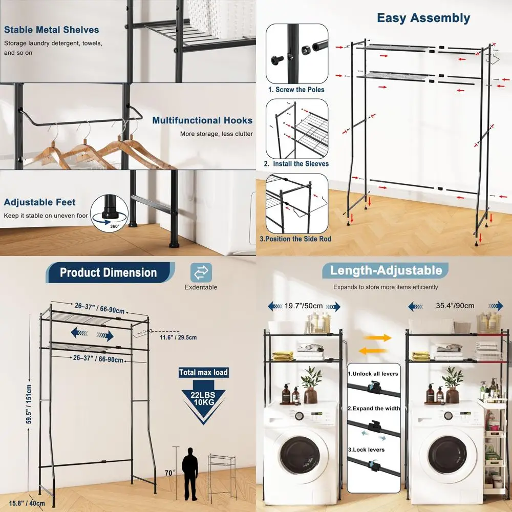 Double Tier Metal Laundry Room Shelf Organizer with Hanger Bar, Adjustable 26-37 Length, Black
Double Tier Metal Laundry Room Shelf Organizer with Hanger Bar, Adjustable 26-37 Length, Black