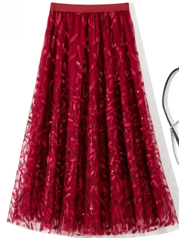 Elegant Embroidered Sequin Mesh A-Line Midi Skirt High Waist Loose Fit Korean Style Ladies' Skirt Polyester Fabric Red Color
Elegant Embroidered Sequin Mesh A-Line Midi Skirt High Waist Loose Fit Korean Style Ladies' Skirt Polyester Fabric Red Color