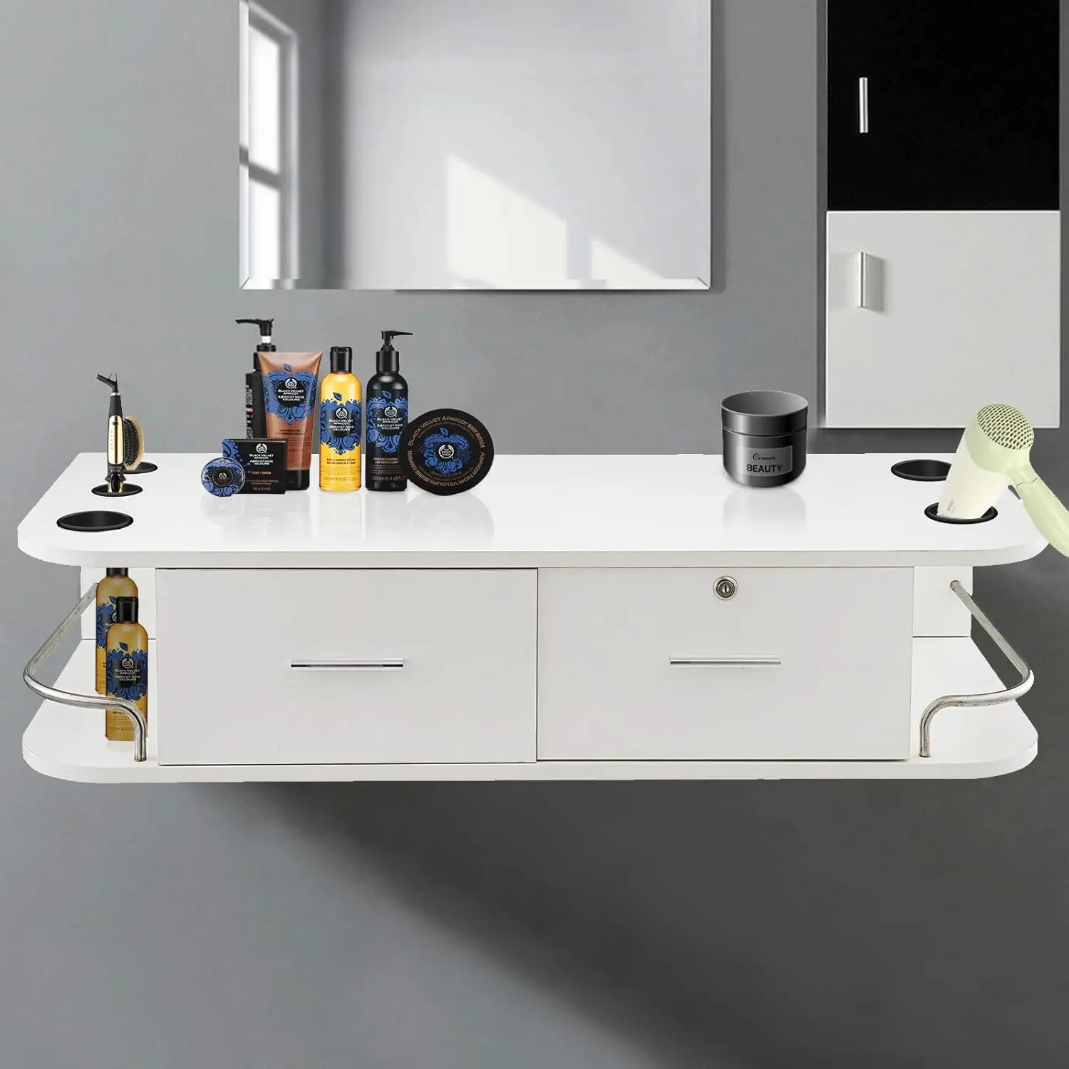 White Wall Mount Styling Station Classic Locking 2 Drawers Storage Beauty Salon Equipment 5 Hair Dryer Holes Locking Cabinet
White Wall Mount Styling Station Classic Locking 2 Drawers Storage Beauty Salon Equipment 5 Hair Dryer Holes Locking Cabinet