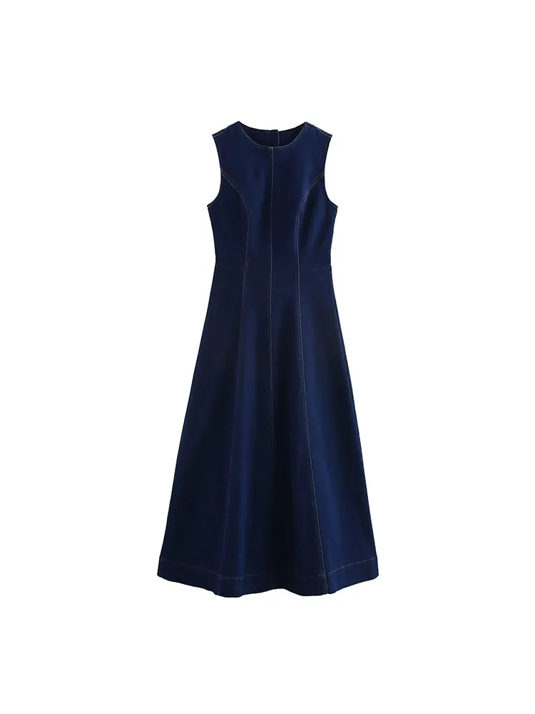 Spring new women's clothing European and American style fashion sleeveless slim sleeveless denim midi dress
Spring new women's clothing European and American style fashion sleeveless slim sleeveless denim midi dress