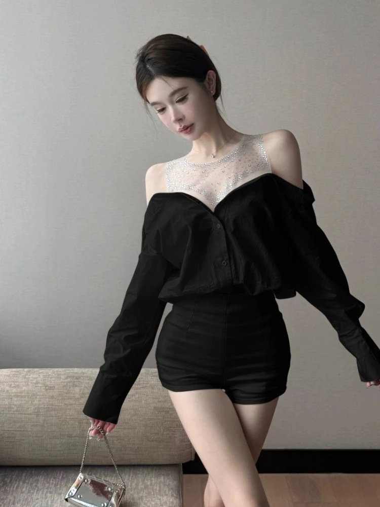 Faux Two Piece Women's Off Shoulder Long Sleeve Shirt Mesh Rhinestone Patchwork Luxury Vibe Autumn Winter Top
Faux Two Piece Women's Off Shoulder Long Sleeve Shirt Mesh Rhinestone Patchwork Luxury Vibe Autumn Winter Top