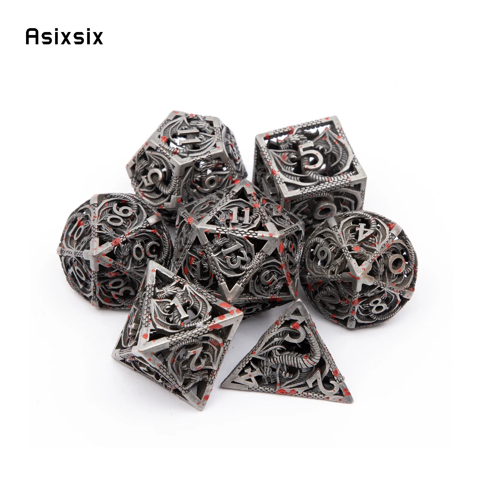 7 Pcs Silver Red Dragon Metal Dice Hollow Metal Polyhedral Dice Set Suitable for Role-Playing RPG Board Game Card Game
7 Pcs Silver Red Dragon Metal Dice Hollow Metal Polyhedral Dice Set Suitable for Role-Playing RPG Board Game Card Game