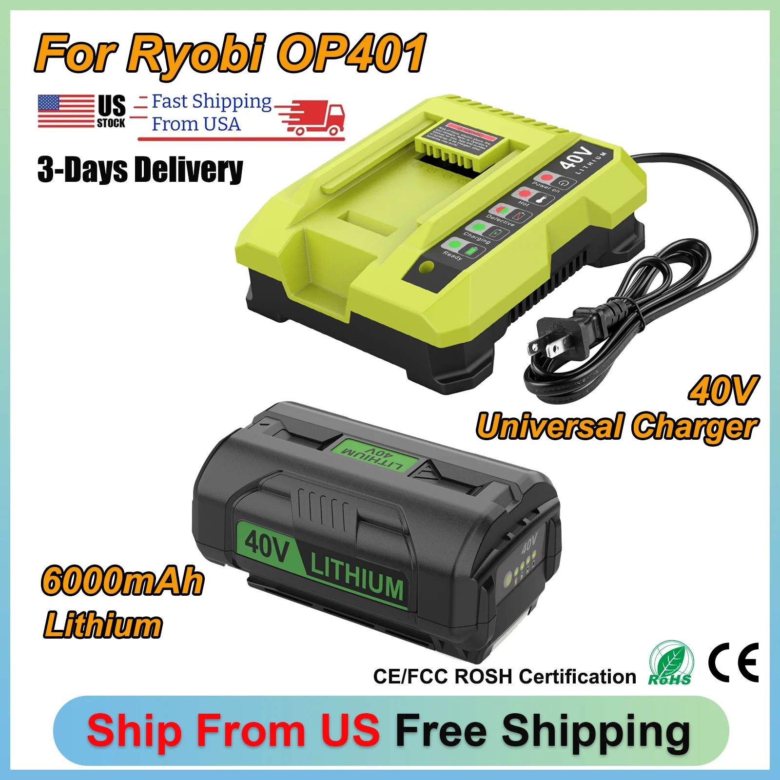 OP401 For Ryobi 40V Battery Charger with 6000mAh Rechargeable Battery Compatible For Ryobi Charger Kit OP4050A OP4040 OP4030
OP401 For Ryobi 40V Battery Charger with 6000mAh Rechargeable Battery Compatible For Ryobi Charger Kit OP4050A OP4040 OP4030