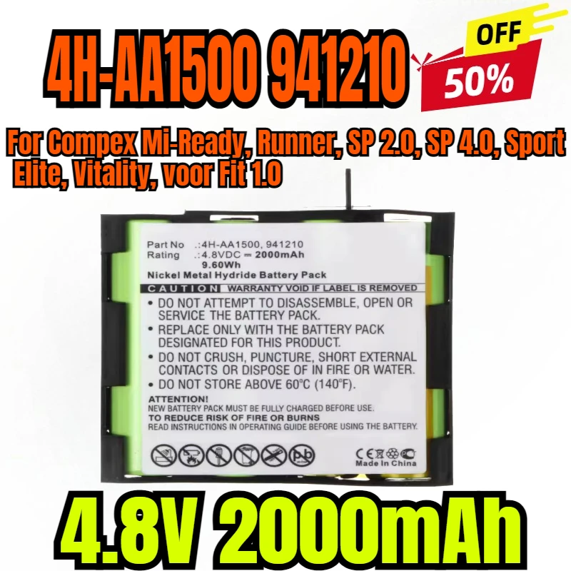 4.8V 2000mAh Battery 4H-AA1500, 941210 for Compex Mi-Ready, Runner, SP 2.0, SP 4.0, Sport Elite, Vitality, voor Fit 1.0
4.8V 2000mAh Battery 4H-AA1500, 941210 for Compex Mi-Ready, Runner, SP 2.0, SP 4.0, Sport Elite, Vitality, voor Fit 1.0