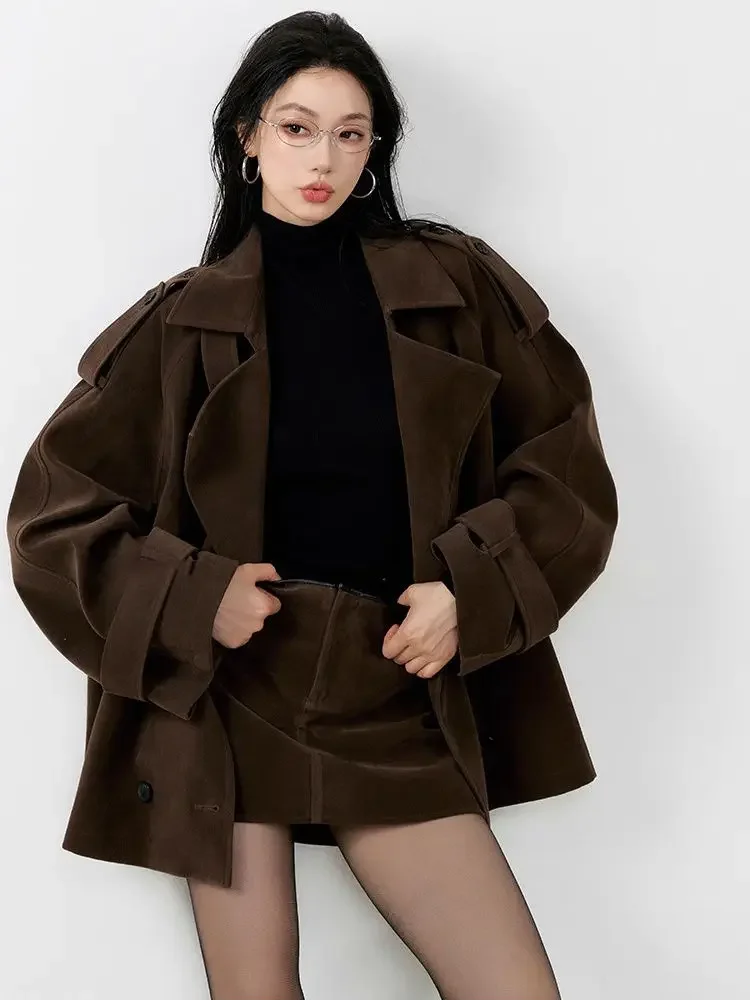 Sweet Hot Girl Suit Women's Autumn/Winter Loose Turn-down Collar Sueded Coat High Waist Skirt Two-piece Set Female Clothes
Sweet Hot Girl Suit Women's Autumn/Winter Loose Turn-down Collar Sueded Coat High Waist Skirt Two-piece Set Female Clothes