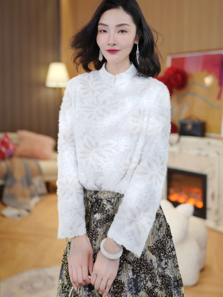 Ele Long Sve Lace irt Gold Tead Embroidery Fluffy New Chinese Sle Stand Collar Snow Velvet Silk Chiffon Women's Top
Ele Long Sve Lace irt Gold Tead Embroidery Fluffy New Chinese Sle Stand Collar Snow Velvet Silk Chiffon Women's Top