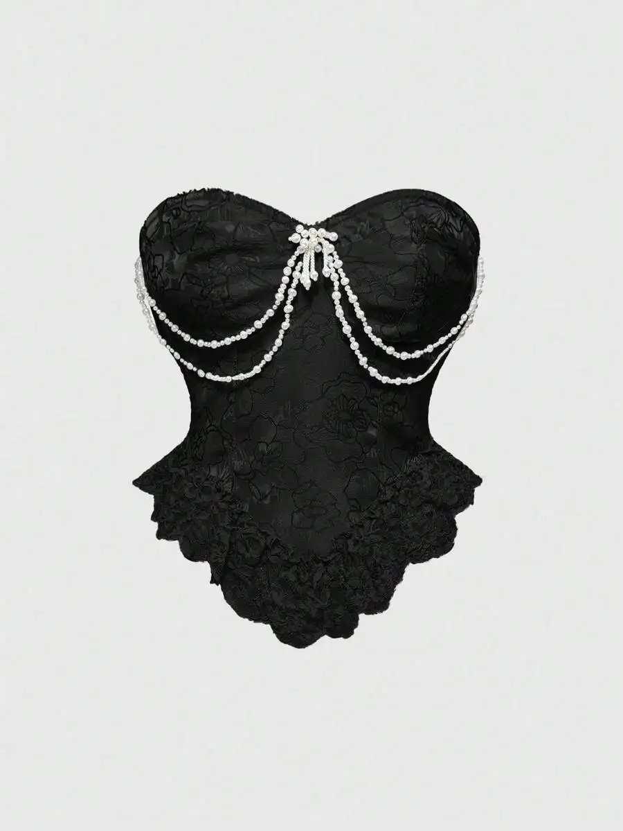 Black Lace Satin Corset Top With Pearl Chain Decor Vintage Renaissance Style
Black Lace Satin Corset Top With Pearl Chain Decor Vintage Renaissance Style