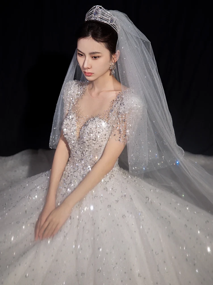Ele Long Train Bridal Gown Heavy Embroidery Fem Version Outfit Wedding Dr Faionable Lace Fabric ine Sequins
Ele Long Train Bridal Gown Heavy Embroidery Fem Version Outfit Wedding Dr Faionable Lace Fabric ine Sequins