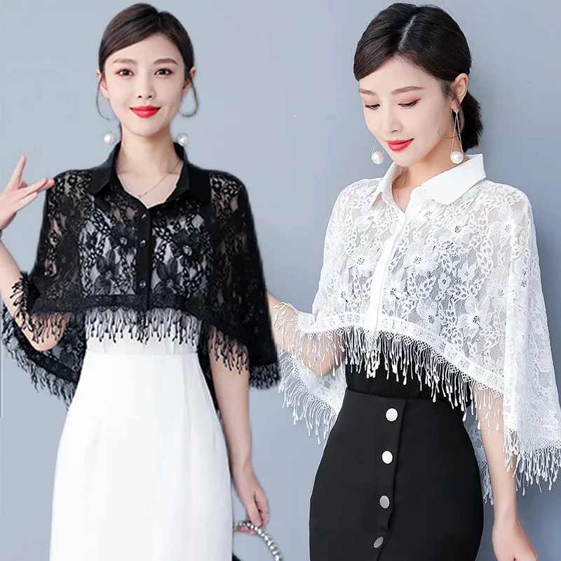 Women Shawl Summer Lace Flowers Cardigan 2025 New Fringed Cape Shirt Fashion Hollow Out Tassel Blusas Femininas Elegantes 
Women Shawl Summer Lace Flowers Cardigan 2025 New Fringed Cape Shirt Fashion Hollow Out Tassel Blusas Femininas Elegantes