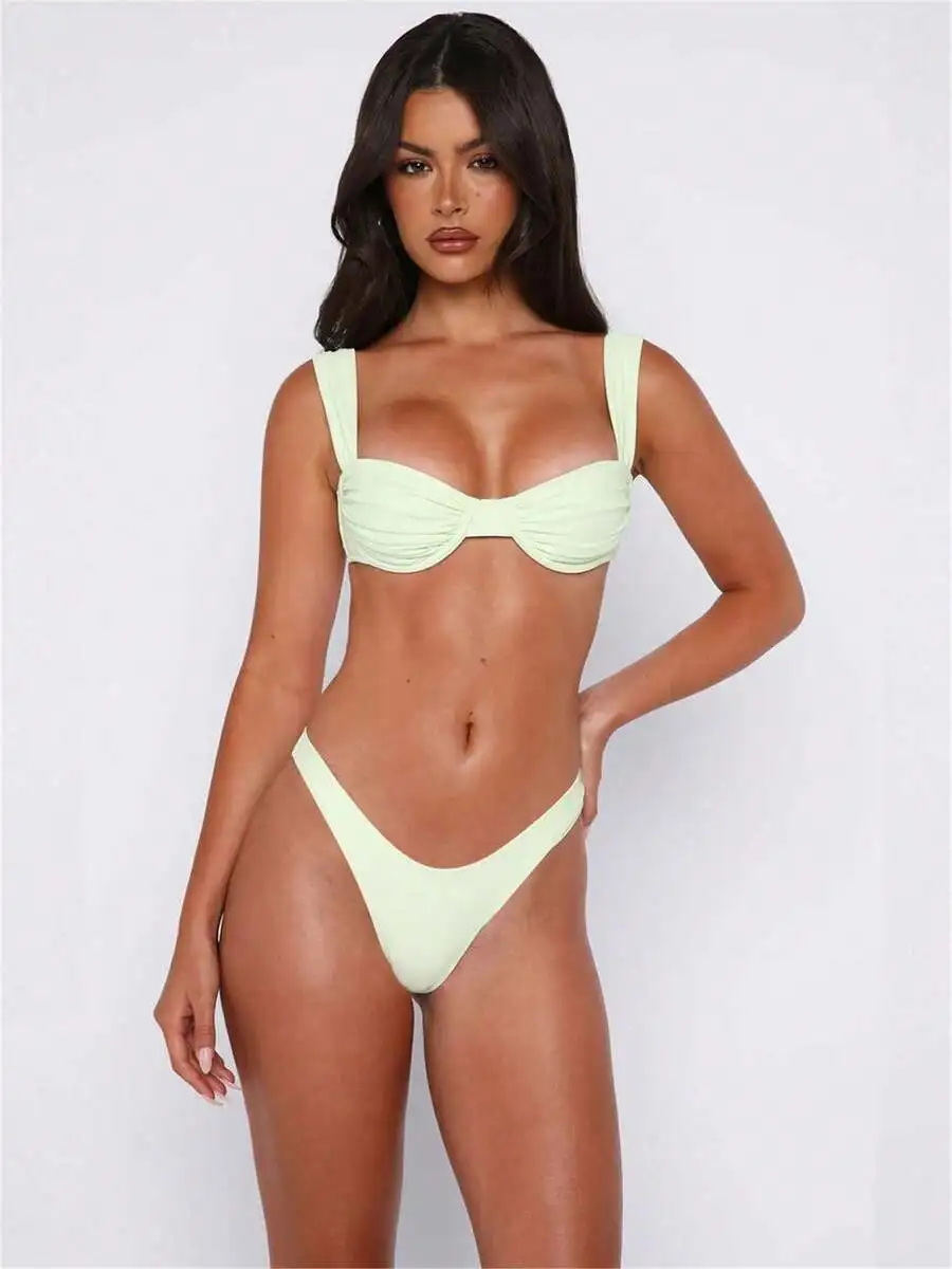 Women 2 Piece Bikini Set Solid Color Ruched Bra Elastic Thong Swimsuit For Beach Pool Party
Women 2 Piece Bikini Set Solid Color Ruched Bra Elastic Thong Swimsuit For Beach Pool Party