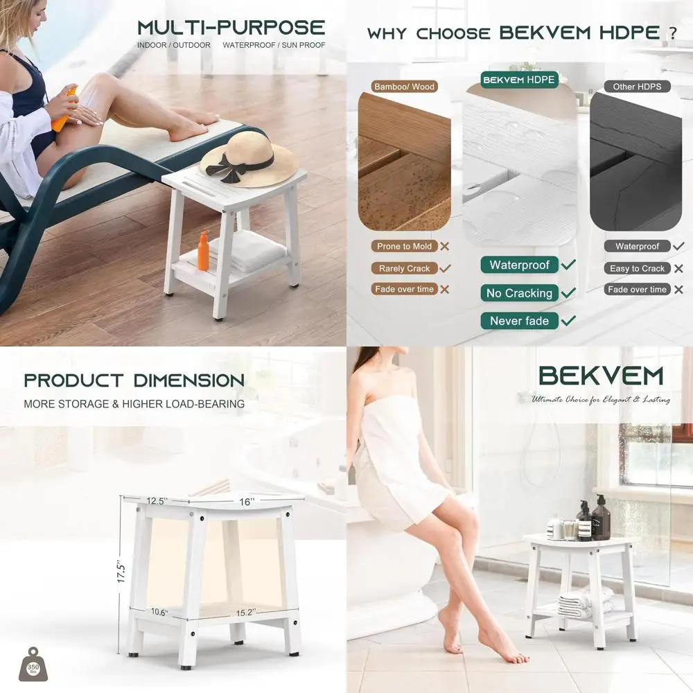 White HDPE Shower Bench with Handle, Storage Shelf, and Adjustable Feet - Indoor/Outdoor Waterproof Spa Bathroom Seat
White HDPE Shower Bench with Handle, Storage Shelf, and Adjustable Feet - Indoor/Outdoor Waterproof Spa Bathroom Seat