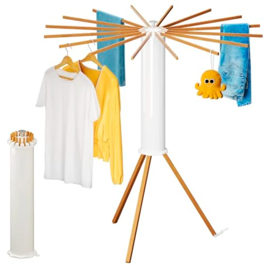 Cylinder Tripod Clothes Drying Rack with 16 Expandable Rods Standing Octopus Drying Rack in Solid Wood Space Saving Compact Des
Cylinder Tripod Clothes Drying Rack with 16 Expandable Rods Standing Octopus Drying Rack in Solid Wood Space Saving Compact Des