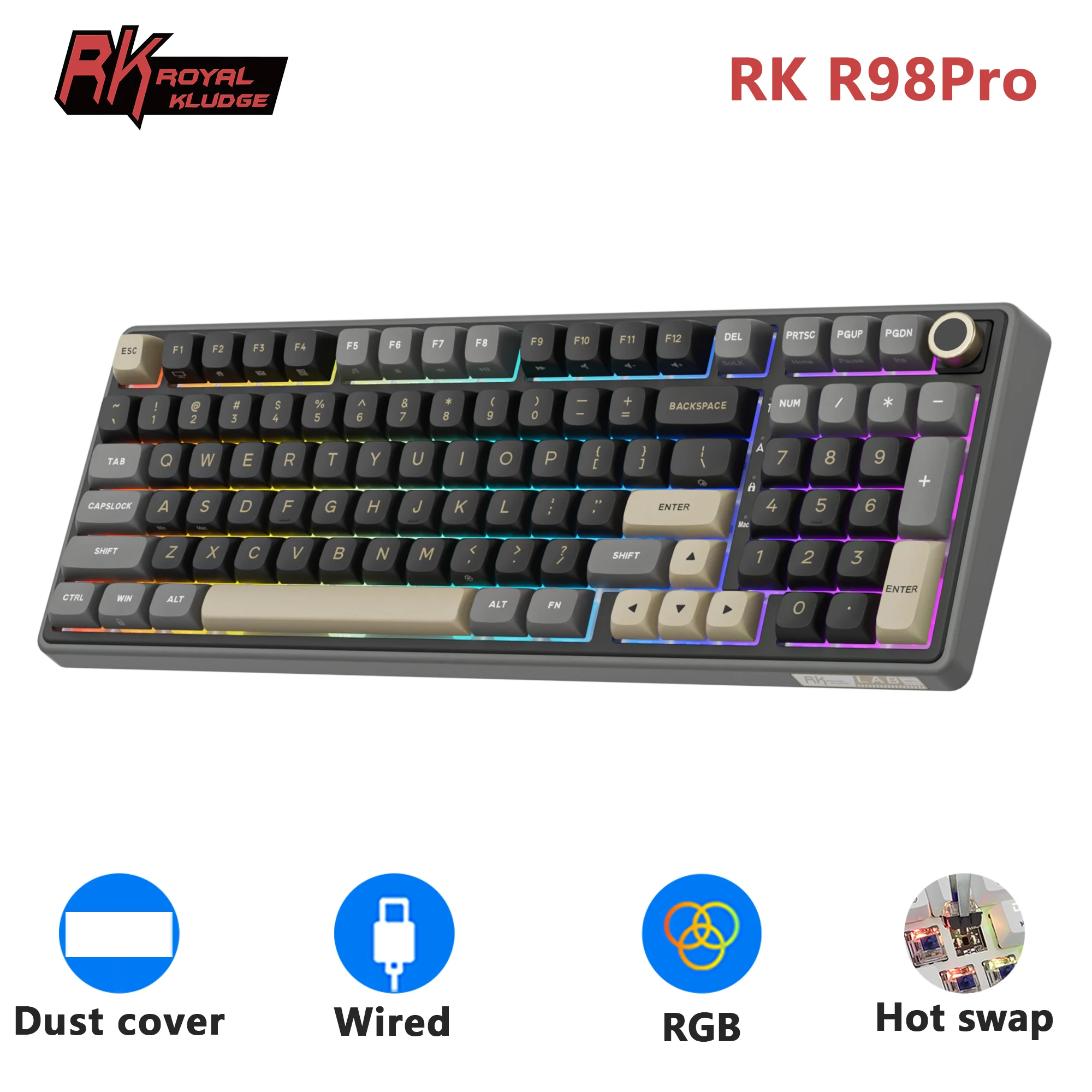 RK ROYAL KLUDGE R98Pro Прокладка Проводная механическая клавиатура 98-клавиш RGB с возможностью горячей замены Съемная кнопка Клавиатура для геймеров Колпачки для клавиш из ПБТ
RK ROYAL KLUDGE R98Pro Прокладка Проводная механическая клавиатура 98-клавиш RGB с возможностью горячей замены Съемная кнопка Клавиатура для геймеров Колпачки для клавиш из ПБТ