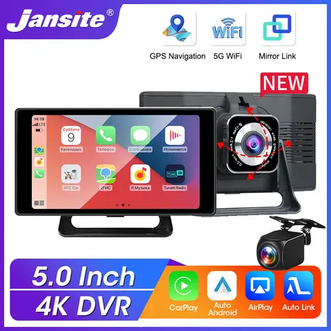 Jansite 5 inch Car DVR 4K Carplay & Android Auto Wireless Connection Rear Camera WIFI GPS Recorder Mirror-link Player AI Voice