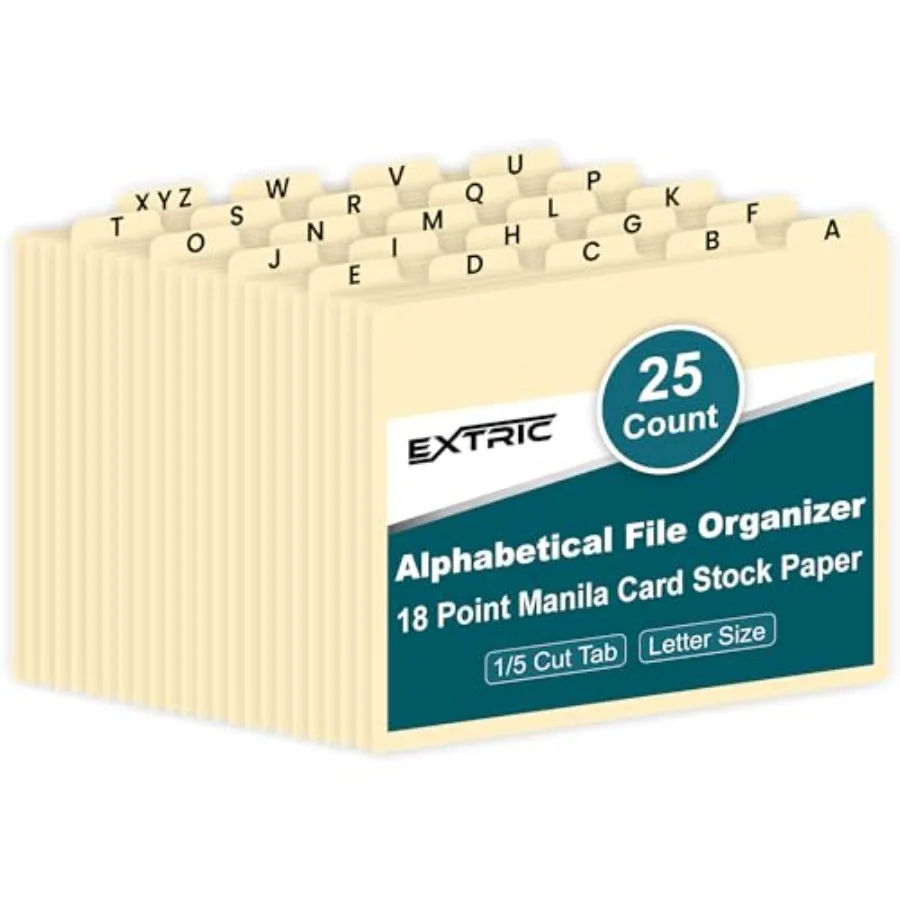 Alphabetical File Organizer, File Cabinet Dividers Letter Size, 25 Heavyweight Manila Guides A-Z Dividers with Tabs, 1/5 Cut Ta
Alphabetical File Organizer, File Cabinet Dividers Letter Size, 25 Heavyweight Manila Guides A-Z Dividers with Tabs, 1/5 Cut Ta