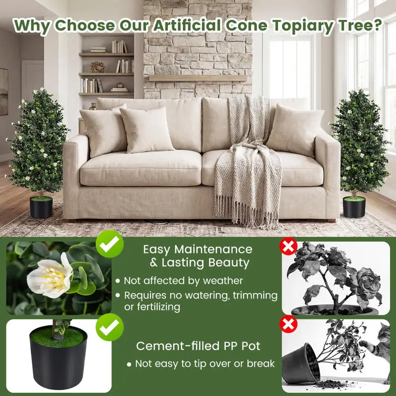 2 Pack Artificial Topiary Cone Tree Faux Potted Shrub Plant with 49 Flowers-White
2 Pack Artificial Topiary Cone Tree Faux Potted Shrub Plant with 49 Flowers-White