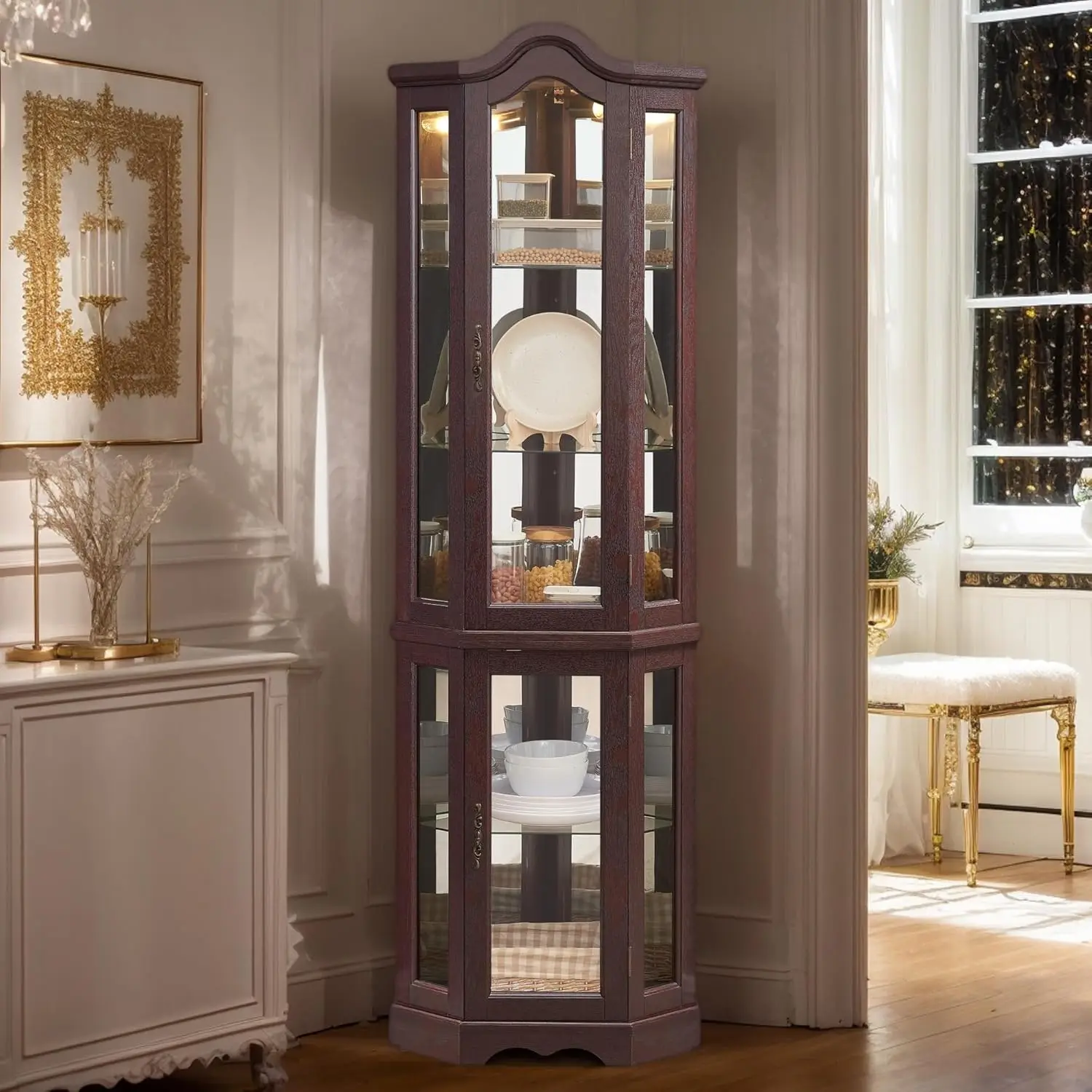 Corner Curio Cabinet, 70.5" Lighted Glass Display Case with 5 Adjustable Tempered Glass Shelves, Light Bulb, Customized
Corner Curio Cabinet, 70.5" Lighted Glass Display Case with 5 Adjustable Tempered Glass Shelves, Light Bulb, Customized