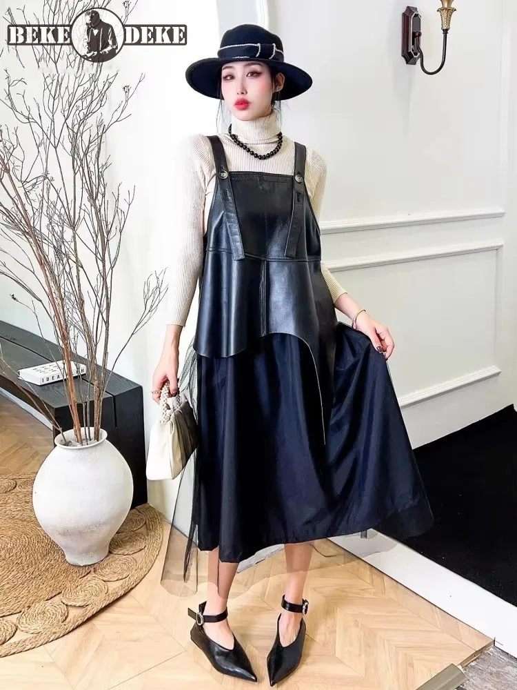 Women Casual Straps Dress Square Collar Genuine Leather Asymmetric Patchwork Mesh Long Dress Sleeveless Pullover A-Line Dresses
Women Casual Straps Dress Square Collar Genuine Leather Asymmetric Patchwork Mesh Long Dress Sleeveless Pullover A-Line Dresses