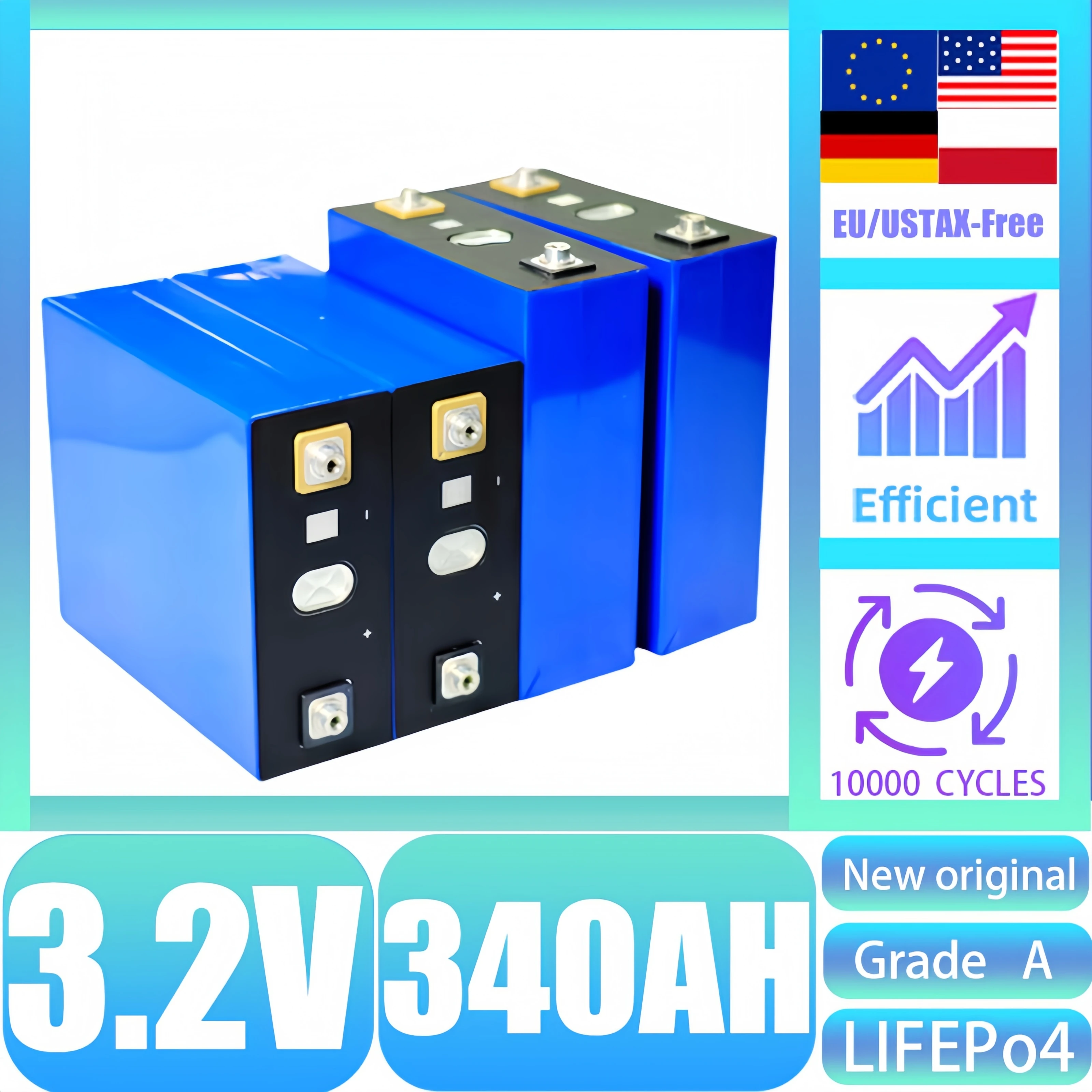 Grade A 3.2V 340AH Lifepo4 Rechargeable Battery 3C High Power 10000 Cycles 24V 48V EV RV Solar Energy Storage Battery Duty Free
Grade A 3.2V 340AH Lifepo4 Rechargeable Battery 3C High Power 10000 Cycles 24V 48V EV RV Solar Energy Storage Battery Duty Free