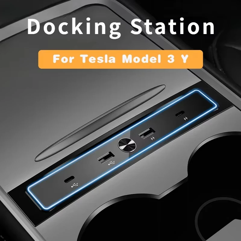 Upgrade 27W Quick Charger for 2021-2022 Tesla Model 3 Model Y Docking Station USB Shunt Hub With LED Intelligent Light / Button