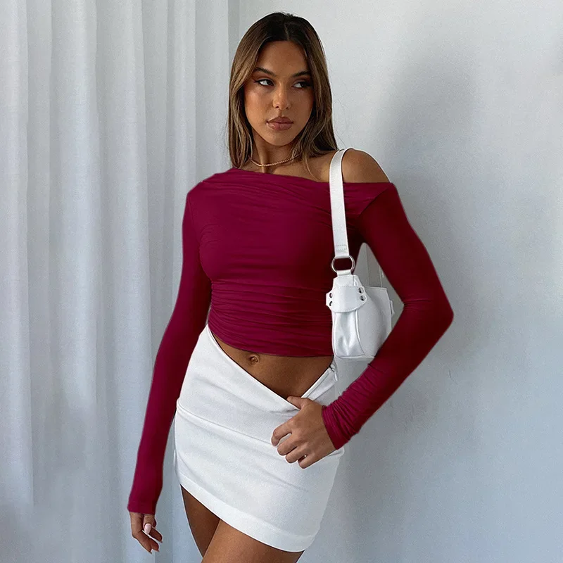 2024 Women's Spring Instagram New Solid Color Slanted Shoulder Long Sleeve Pleated Open Navel Top T-shirt for Women YBF45-3
2024 Women's Spring Instagram New Solid Color Slanted Shoulder Long Sleeve Pleated Open Navel Top T-shirt for Women YBF45-3