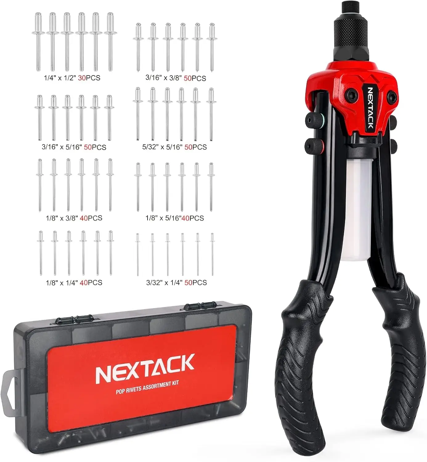 Heavy Duty Two-Handed Pop Rivet Gun Set with 350 Rivets & 5 Nosepieces for Van, Gutter & Automotive