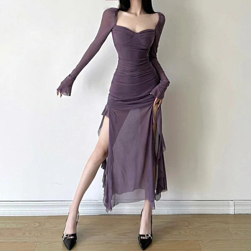 Purple Spring Dress Women Ruffle Mesh Long Dress Sexy Square Collar Beach Wears Korean Fashion Women Clothes
Purple Spring Dress Women Ruffle Mesh Long Dress Sexy Square Collar Beach Wears Korean Fashion Women Clothes