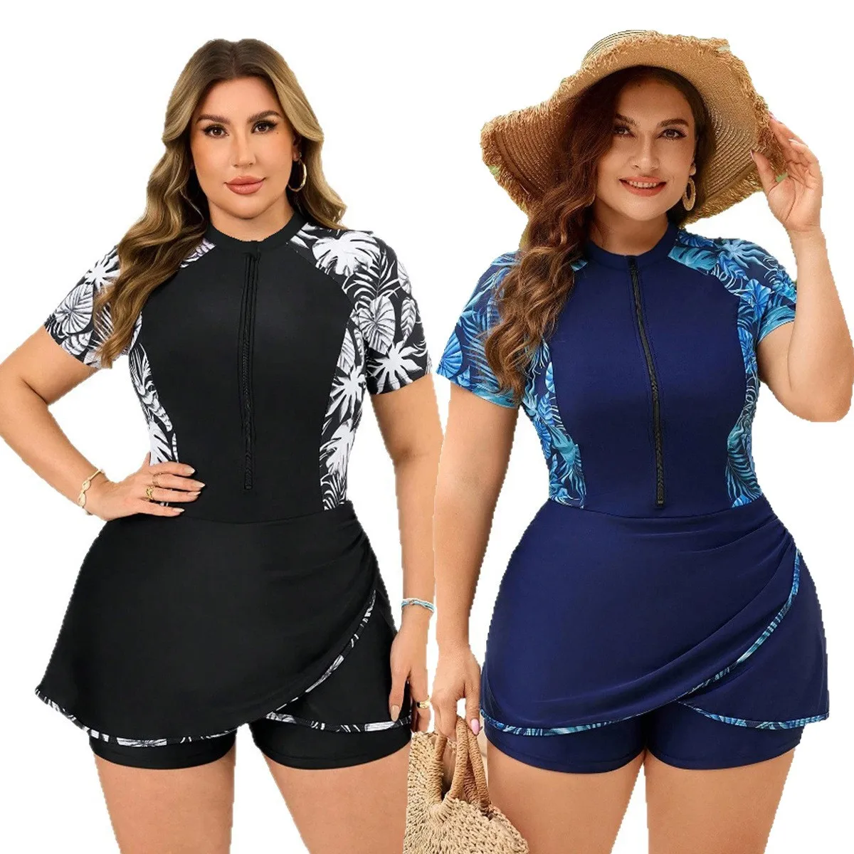 Black Tankini Short Sleeve Front Zipper Tankini Top Plus Size High Neck Tropical Leaf Print Tankini Set Skirted Wrap Overlay
Black Tankini Short Sleeve Front Zipper Tankini Top Plus Size High Neck Tropical Leaf Print Tankini Set Skirted Wrap Overlay