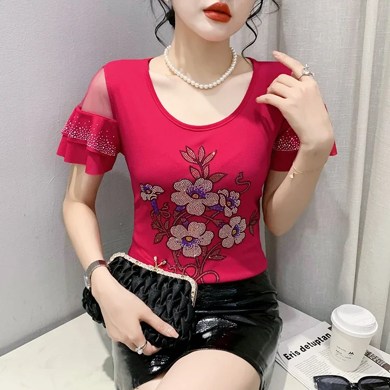 Summer New Short Sleeved Women's T-Shirt Fashion O-Neck Hot Diamond Elegant Slim Ruffles Mesh Tops Tees ZT7
Summer New Short Sleeved Women's T-Shirt Fashion O-Neck Hot Diamond Elegant Slim Ruffles Mesh Tops Tees ZT7