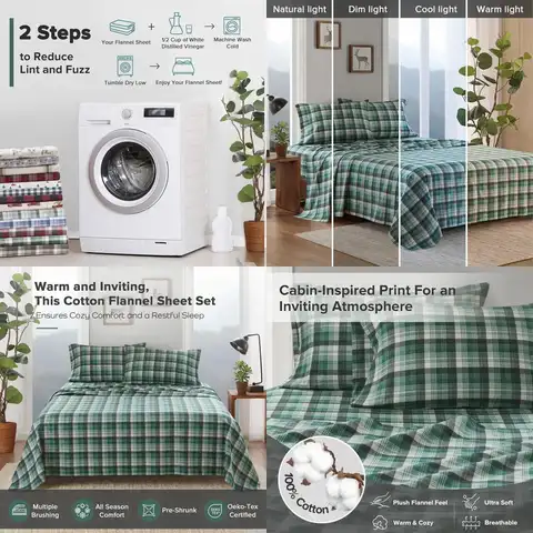 Queen-Size-Set aus Baumwollflanell mit Karomuster, warm und flauschig, 100 % Baumwolle, passend für Matratzen bis zu 14, 4-teilige grüne Cottage-Charms