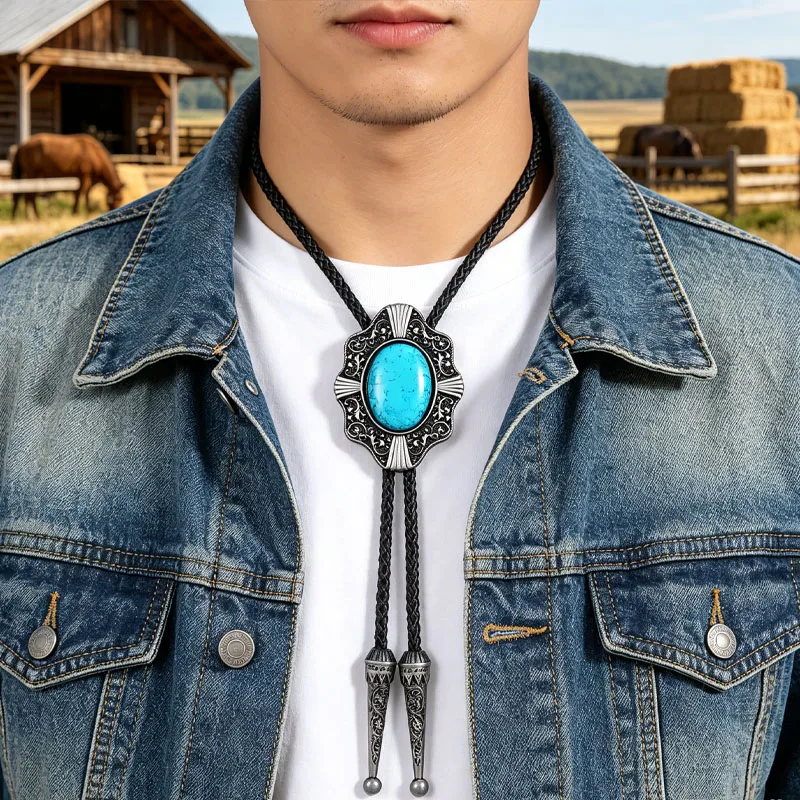 Handmade Western Bolo Tie for Men Vintage Silver Pendant with Blue Turquoise Leather Cord Indian Cowboy Style Necktie
Handmade Western Bolo Tie for Men Vintage Silver Pendant with Blue Turquoise Leather Cord Indian Cowboy Style Necktie