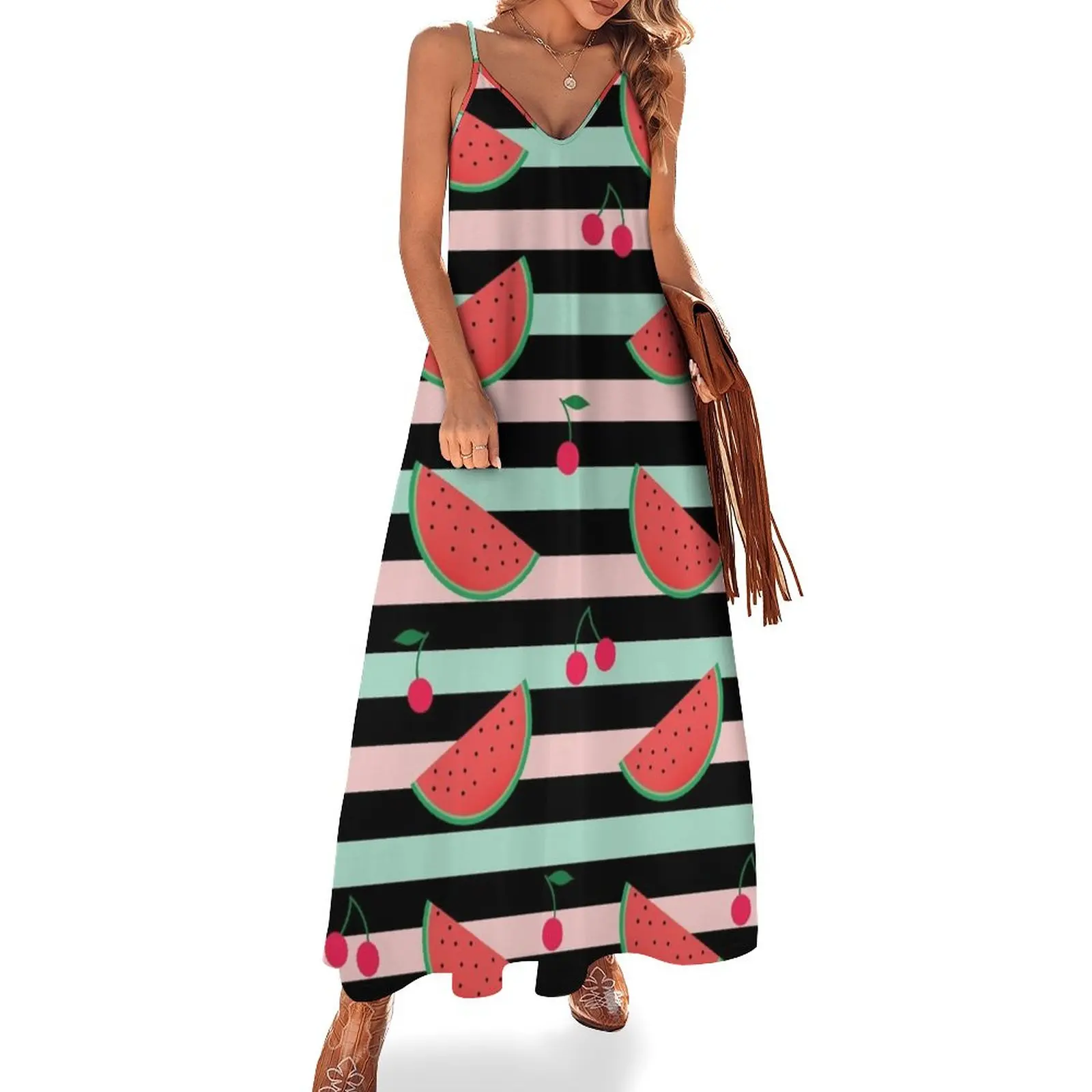 Pattern with watermelon and red cherries on striped the background Sleeveless Dress summer dress woman 2024
Pattern with watermelon and red cherries on striped the background Sleeveless Dress summer dress woman 2024