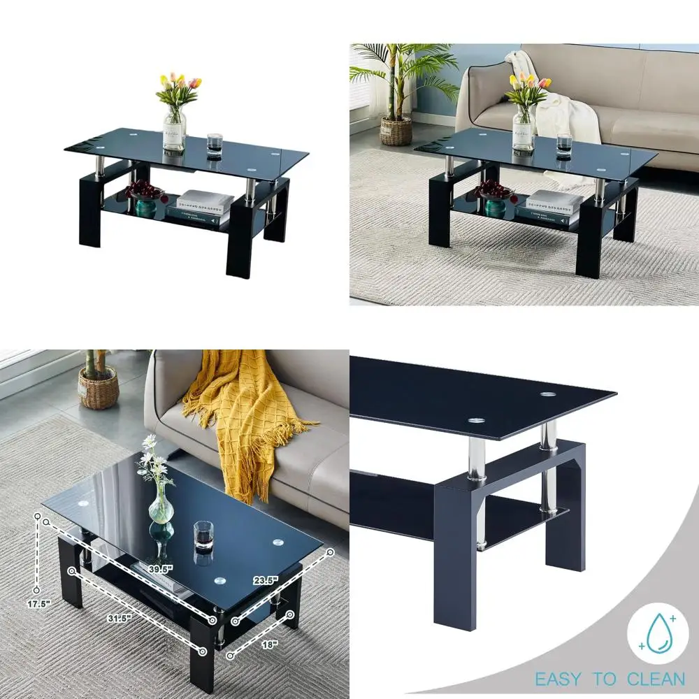 Black Wooden Leg Coffee Table with Glass Top and Lower Shelf, 39.5 x 23.5 x 17.5
Black Wooden Leg Coffee Table with Glass Top and Lower Shelf, 39.5 x 23.5 x 17.5