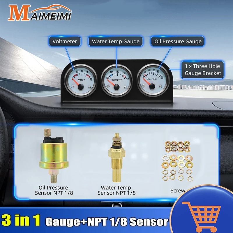 3 in 1 Voltmeter 8-16V Water Temp 100-250°F 0-100psi Oil Pressure Gauge Kit With Sensor Triple Mete For Car SUV Truck
3 in 1 Voltmeter 8-16V Water Temp 100-250°F 0-100psi Oil Pressure Gauge Kit With Sensor Triple Mete For Car SUV Truck