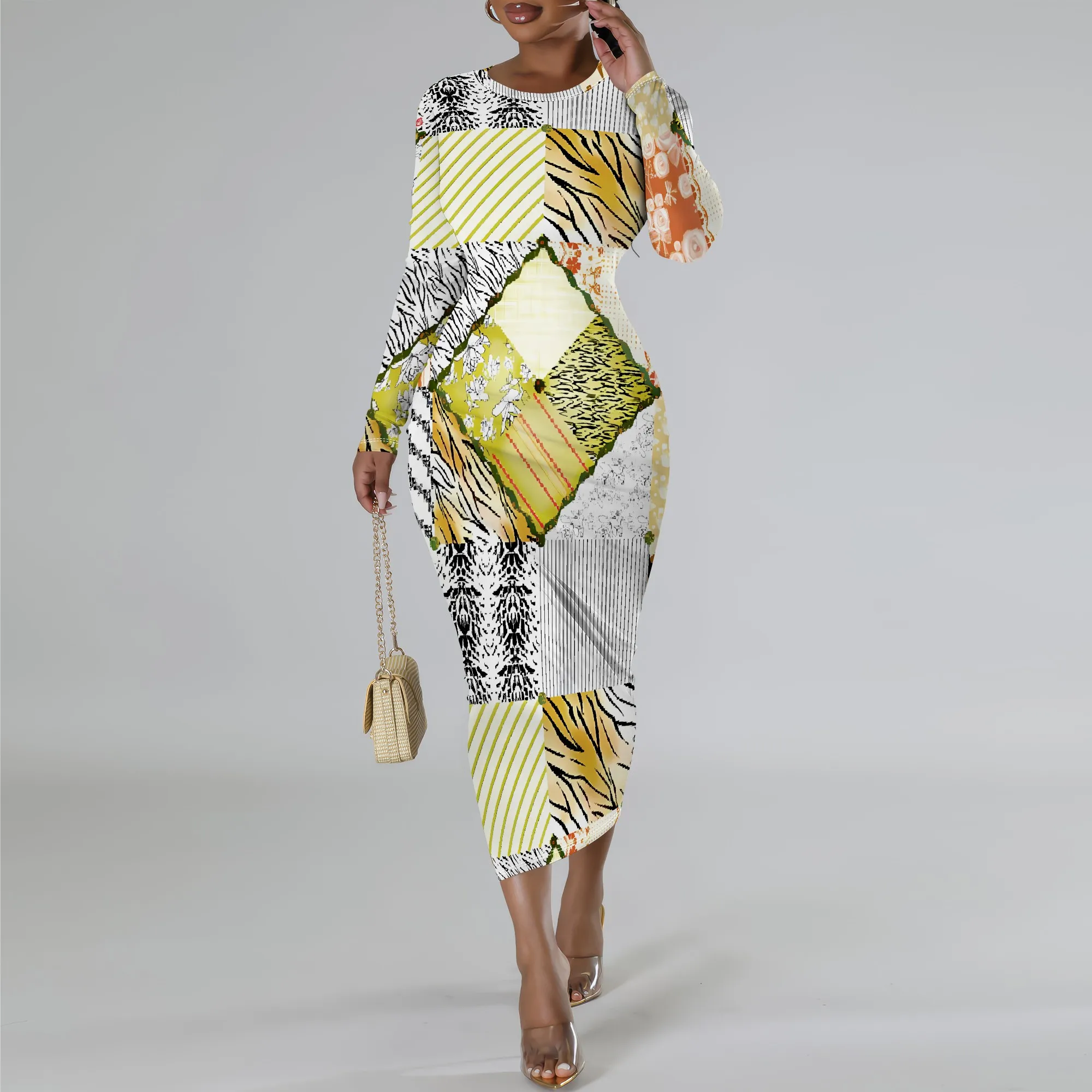 Patchwork Print Bodycon Dress for Women Long Sleeve Slim Fit Midi Elegant Dress for Daily or Work Outfit
Patchwork Print Bodycon Dress for Women Long Sleeve Slim Fit Midi Elegant Dress for Daily or Work Outfit