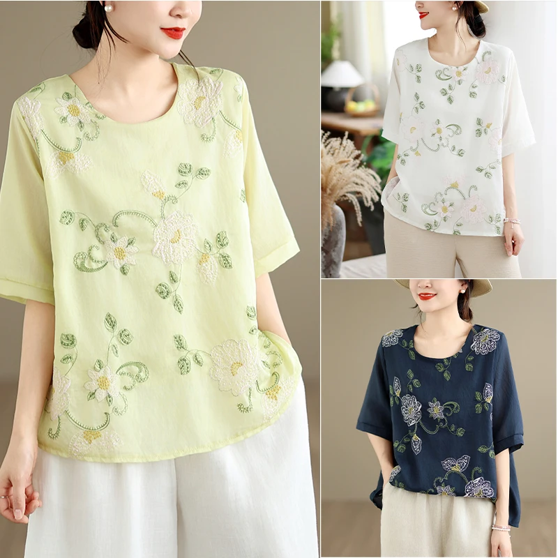 plus Size Women's Top Summer New Short Sleeve Embroidered round Neck T-Shirt Belly Covering Base Shirt Floral Print Cotton Tee
plus Size Women's Top Summer New Short Sleeve Embroidered round Neck T-Shirt Belly Covering Base Shirt Floral Print Cotton Tee