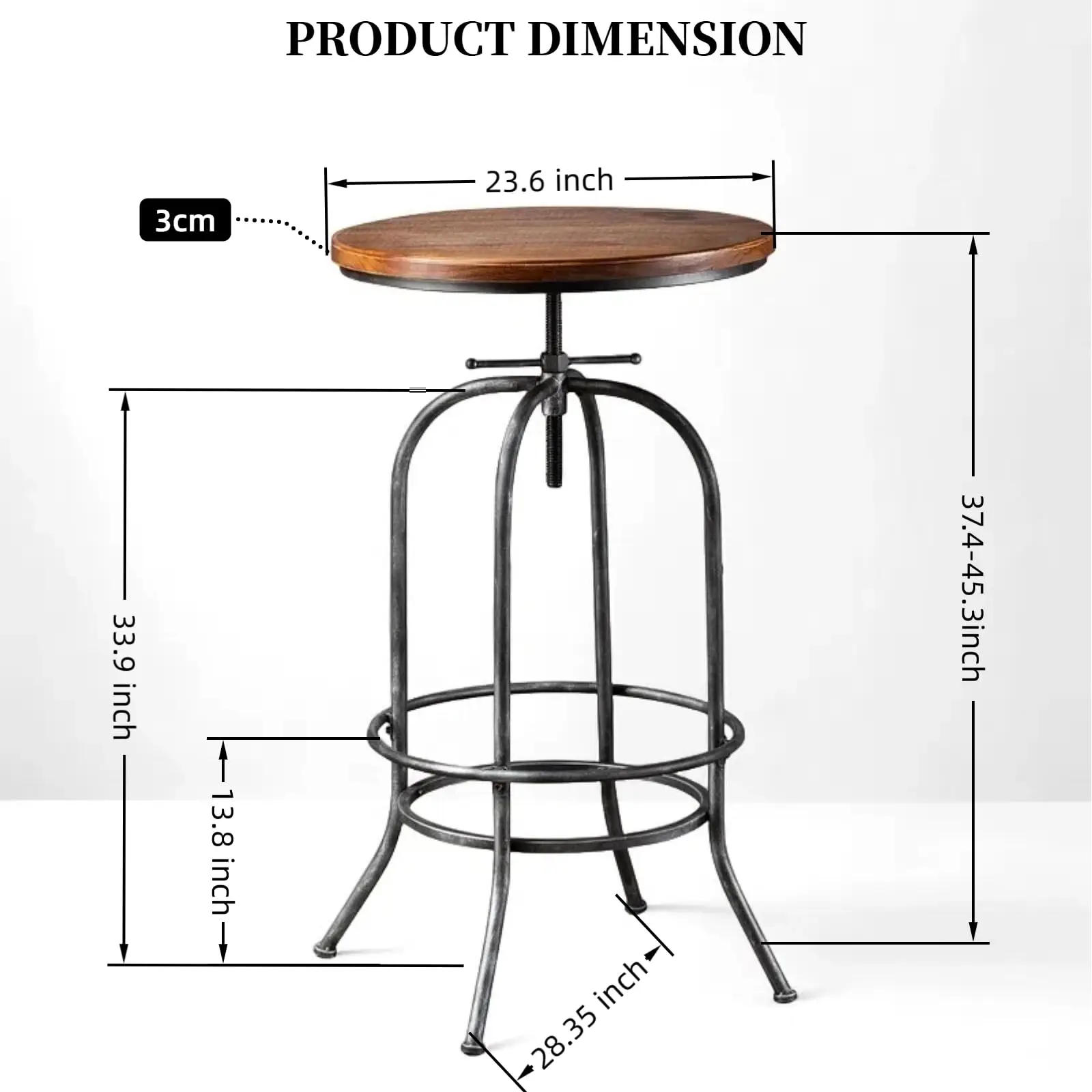 Industrial Bar Stool Height Adjustable 37.4-45.3 Inch Swivel Pub Stool Solid Wood Top Metal Base With Footrest
Industrial Bar Stool Height Adjustable 37.4-45.3 Inch Swivel Pub Stool Solid Wood Top Metal Base With Footrest