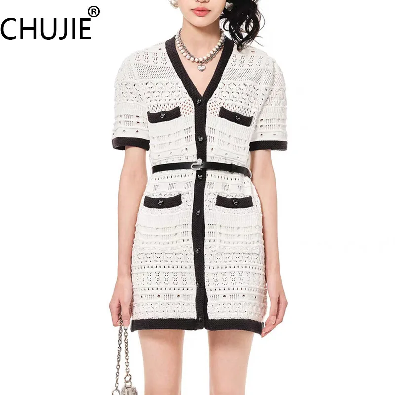 CHUJIE French Contrast Trim V-Neck Knit Dress Sheer Hollow Out Bodycon Mini Dress SS25
CHUJIE French Contrast Trim V-Neck Knit Dress Sheer Hollow Out Bodycon Mini Dress SS25