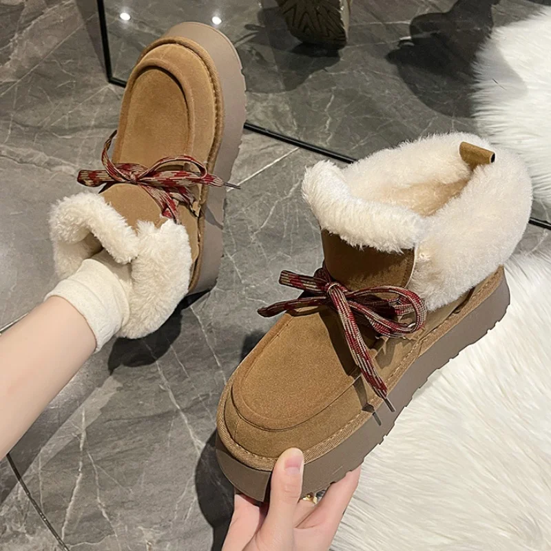 Women Fur Ankle Snow Boots Flats Platform Suede Shoes Short Plush Winter New Warm Boots Woman 2025 Trend Designer Lace-up Botas
Women Fur Ankle Snow Boots Flats Platform Suede Shoes Short Plush Winter New Warm Boots Woman 2025 Trend Designer Lace-up Botas