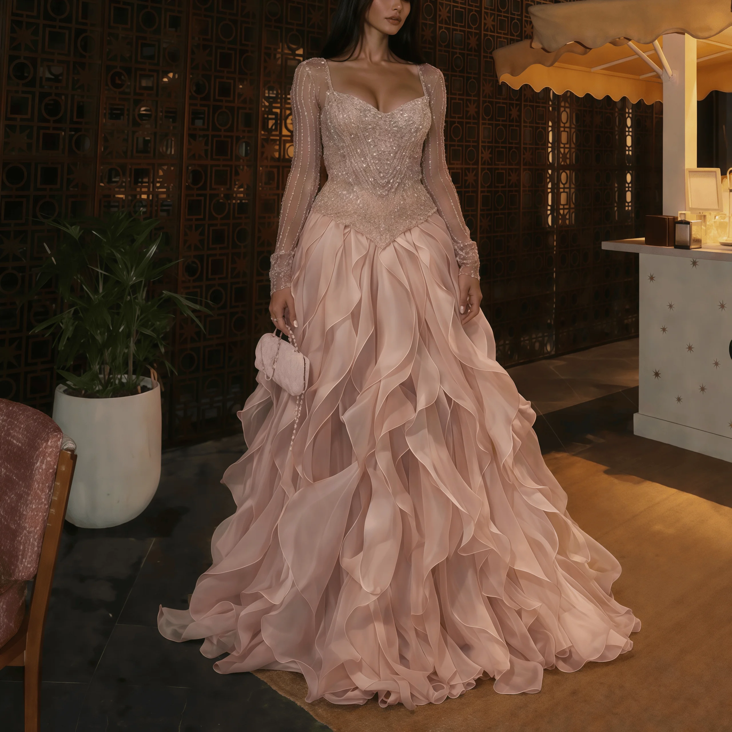 Luxury Pink Square collar Diamond Bead Evening Dress Layered Fluffy Ruffle Mesh Long Sleeve Formal Cocktail Prom Party Vestidos
Luxury Pink Square collar Diamond Bead Evening Dress Layered Fluffy Ruffle Mesh Long Sleeve Formal Cocktail Prom Party Vestidos