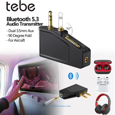Tebe Dual 3.5mm Aux Jack Airline Adapter Bluetooth 5.3 Audio Transmitter Wireless Stereo Music Adapter for Airplanes Headphones