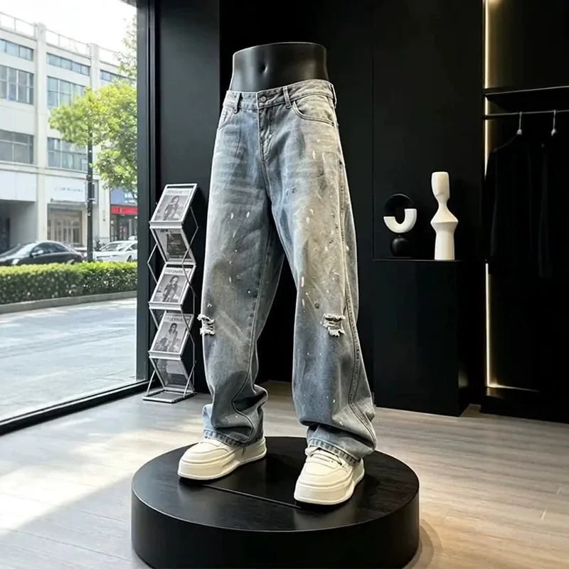 Men's Blue Ripped Hole Paint Splattered Curved Hem Jeans Vibe Washed Distressed Straight Leg Denim Pants
Men's Blue Ripped Hole Paint Splattered Curved Hem Jeans Vibe Washed Distressed Straight Leg Denim Pants