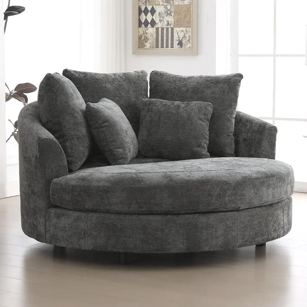 Extra Large Round Barrel Chair with Wheels, Deep Seat, 5 Pillows, Knitted Chenille Fabric, Charcoal
Extra Large Round Barrel Chair with Wheels, Deep Seat, 5 Pillows, Knitted Chenille Fabric, Charcoal