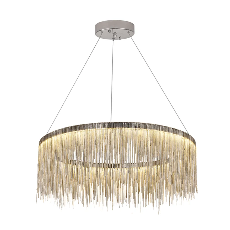 Modern Aluminum Chains Chandeliler Gold Silver Round Ring Pendant Light Fashion Tassel-Shaped Hanging Lamp For Living Room
Modern Aluminum Chains Chandeliler Gold Silver Round Ring Pendant Light Fashion Tassel-Shaped Hanging Lamp For Living Room